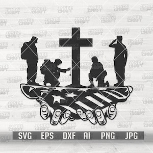 May include: Black and white silhouette of three soldiers kneeling in front of a cross with an American flag in the background. The soldiers are holding a wreath and a rifle. The cross is on a hill with a hand reaching out from the hill.