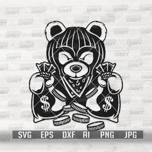 Puede incluir: Gráfico en blanco y negro de un oso con bandana y máscara, sosteniendo bolsas de dinero con símbolos de dólar. Varias monedas en la parte inferior. Incluye el texto "SVG EPS DXF AI PNG JPG".