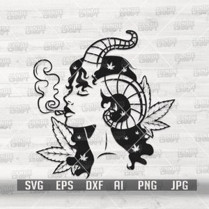 Mystical Girl Smoking Weed svg | Cannabis Clipart | Marihuana Hörner dxf | Rasta Black Fairy Cutfile | 420 Shirt png| Celestial Dope Girl dxf