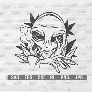 May include: A black and white graphic depicting an alien smoking a joint, with cannabis leaves surrounding it. The alien is shown with large eyes and is holding the joint. The image includes file type options: SVG, EPS, DXF, AI, PNG, and JPG.