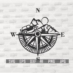 Camping SVG / Escena al aire libre todoterreno SVG / Clipart de aventura / Diseño de camiseta de viaje PNG / Archivo de corte de brújula bohemia / Campista montañista DXF