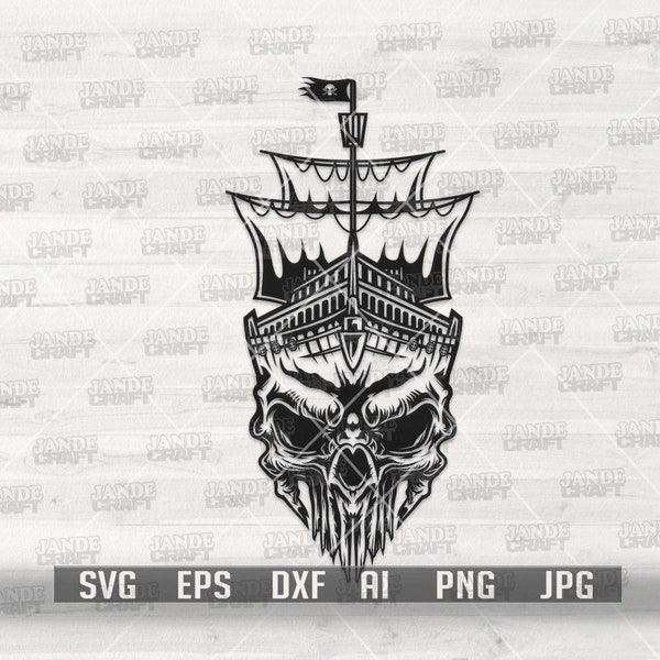 Pirate Ship Skull svg | Black Sailing Boat Clipart | Skull Island Cut File | Pirate Captain T-shirt Design Stencil | Curse Cruise Cutfile