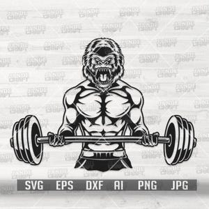 Può includere: Illustrazione in bianco e nero di un gorilla muscoloso che solleva un bilanciere. Il gorilla ha un'espressione arrabbiata. L'immagine include il testo "SVG EPS DXF AI PNG JPG". Lo sfondo presenta un motivo ripetuto con "JANDE CRAFT".