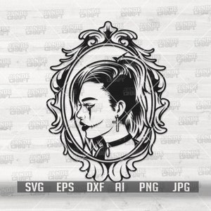 Puede incluir: Una ilustraci&oacute;n digital en blanco y negro de una mujer con la boca cosida y un pendiente de cruz. La mujer est&aacute; enmarcada en un marco adornado y decorativo.