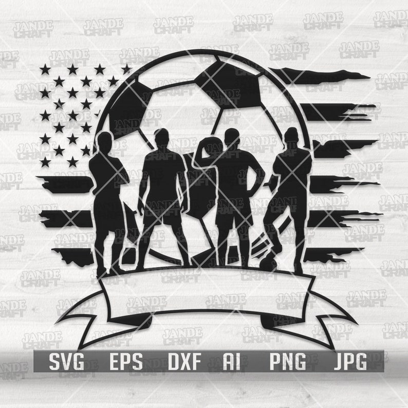 K&ouml;nnte beinhalten: Schwarz-wei&szlig;es Grafikdesign mit einem Fu&szlig;ball, der amerikanischen Flagge und Silhouetten von vier Fu&szlig;ballspielern. Ein Banner am unteren Rand bietet Platz f&uuml;r Text. Die Bildformate sind enthalten.
