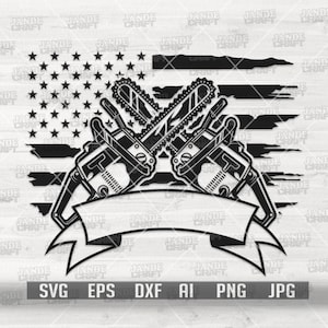 May include: Black and white silhouette of two crossed chainsaws with a banner below. The chainsaws are set against a distressed American flag background.