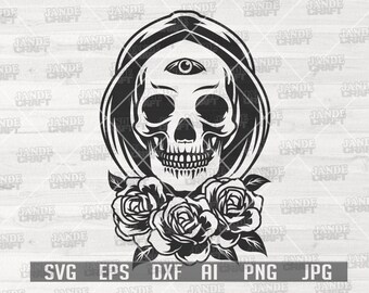 Floral 3 Eyed Skull svg | 3 Eye Grim Clipart | Halloween Shirt png | Horror Cutfile | Creepy Spooky Vibes Stencil | Reaper with Roses dxf