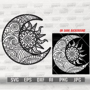 Może przedstawiać: Czarno-biały projekt graficzny przedstawiający rosnący księżyc i słońce z misternymi wzorami. Projekt jest na białym tle, a także na czarnym tle.
