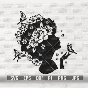 May include: Black silhouette of a woman with a crown of flowers and butterflies on her head and hand. The flowers are roses and smaller flowers. The background is white.