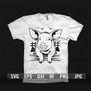 以下が含まれることがあります： 白いTシャツ。大きな耳を持つ豚の白黒イラストが、柵の前に立っています。デザインには木と鳥が含まれています。下部には、ファイル形式のオプションが表示されています：SVG、EPS、DXF、AI、PNG、JPG。