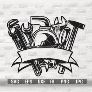 May include: Black and white illustration of a hard hat with various tools, including a wrench, hammer, and pipe wrench, surrounding it. A banner with a blank space is below the tools.