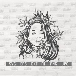 May include: Black and white illustration of a woman with long hair, adorned with cannabis leaves. She is smoking a cigarette. The image includes file type labels: SVG, EPS, DXF, AI, PNG, and JPG.
