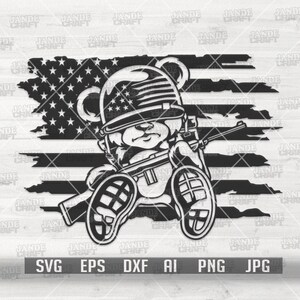 Soldat américain ours en peluche svg | Clipart animal militaire | Ours de combat hipster dxf | Hippi Teddy avec Machine Gun Cutfile | Idée cadeau papa vétéran