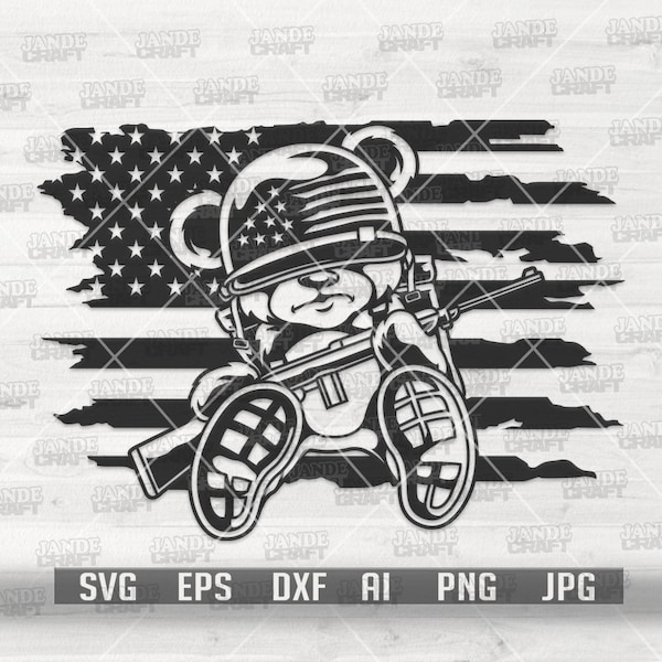 US Soldier Teddy Bear svg | Military Animal Clipart | Hipster Combat Bear dxf | Hippi Teddy with Machine Gun Cutfile | Veteran Dad Gift Idea