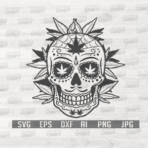 Peut inclure: Graphique noir et blanc d'une tête de mort mexicaine ornée de feuilles de cannabis et d'un motif de toile d'araignée. La tête de mort a des feuilles de cannabis pour les yeux et une couronne de feuilles de cannabis. Formats de fichiers : SVG, EPS, DXF, AI, PNG, et JPG.