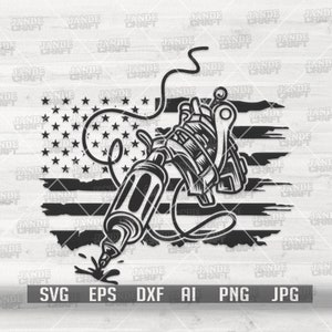 May include: Black and white illustration of a tattoo machine with a cable and a faded American flag background. The image includes the text "SVG EPS DXF AI PNG JPG".
