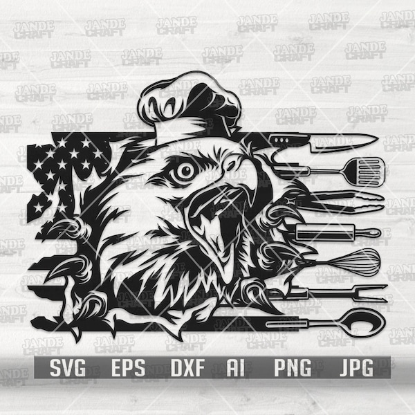 US Patriotic Chef svg | Cooking Tools USA Flag Clipart | Open Mouth Wild Eagle Stencil | Chef Hat on American Animal Cut File| Head Cook dxf