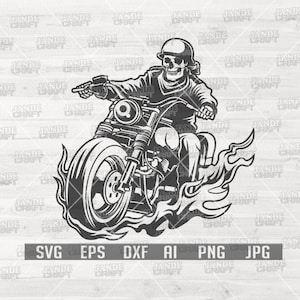 May include: A black and white illustration of a skeleton riding a motorcycle with flames coming from the wheels. The skeleton is wearing a helmet and bandana.