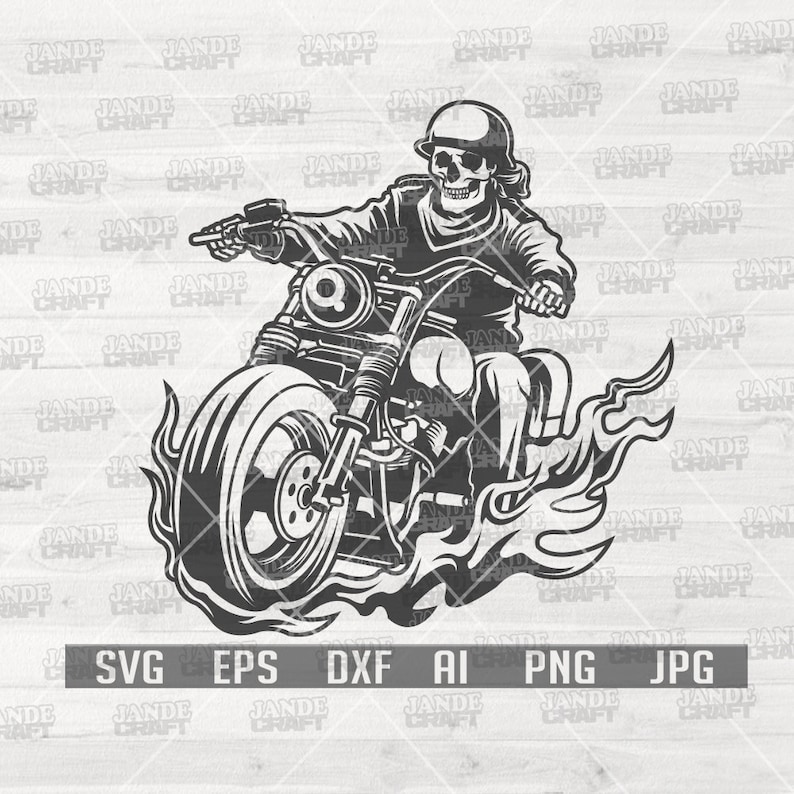May include: A black and white illustration of a skeleton riding a motorcycle with flames coming from the wheels. The skeleton is wearing a helmet and bandana.