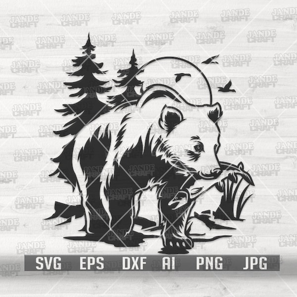Bear Eating Fish svg | Brown Grizzly Clipart | Wilderness Stencil | Wild Life Shirt png | Camping Scene dxf | Outdoor Cutfile | Camper jpeg