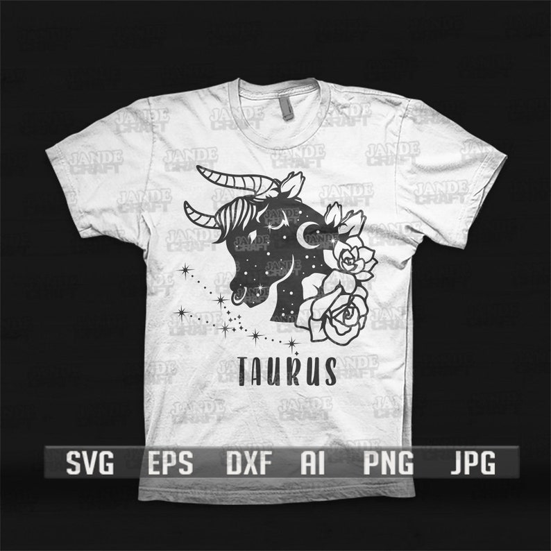 May include: A white t-shirt with a black silhouette of a bull's head with horns, roses, and stars. The text "Taurus" is printed below the image.
