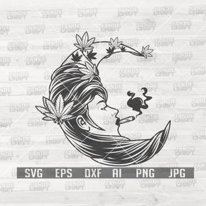 Könnte beinhalten: Schwarz-weiße Grafik eines Frauengesichts in einer Mondsichel, die eine Zigarette raucht. Cannabisblätter schmücken ihr Haar. Dateitypen: SVG, EPS, DXF, AI, PNG und JPG.