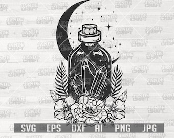 SVG de Halloween / SVG de poción mágica / Archivo de corte de hechizo mágico floral / Clipart de cristal / SVG de magia negra / SVG de bruja / SVG de Wicca / SVG de brujería