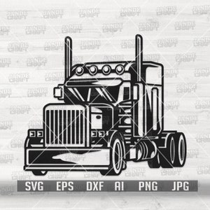 May include: Black and white silhouette of a semi-truck with a large cab and a trailer. The truck has a detailed front grill and large wheels.