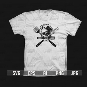 May include: A white t-shirt with a black and white graphic of a skull wearing a chef's hat and holding crossed kitchen utensils.