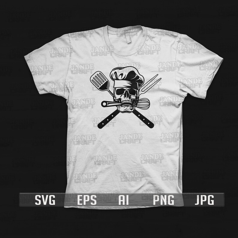 May include: A white t-shirt with a black and white graphic of a skull wearing a chef's hat and holding crossed kitchen utensils.