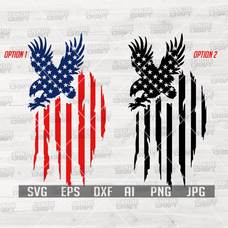 May include: Two digital designs featuring an American bald eagle with outstretched wings in front of a distressed American flag. The first design features a red, white, and blue flag. The second design features a black and white flag.