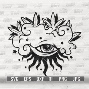 Peut inclure: Conception graphique en noir et blanc représentant un œil avec des rayons de soleil, entouré de feuilles de cannabis et d'étoiles. Le design comprend le texte "SVG EPS DXF AI PNG JPG". Le filigrane répété est "JANDE CRAFT".