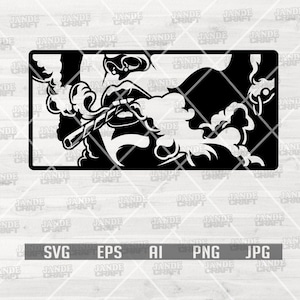 Puede incluir: Gráfico en blanco y negro de una persona fumando un cigarrillo, con humo saliendo. La imagen está en un marco rectangular. Debajo de la imagen hay iconos de tipo de archivo: SVG, EPS, AI, PNG y JPG.
