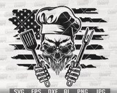 US Chef Skull svg | Cooking Dad Gift Idea | Head Cook Stencil | Grilling Tools Clipart | Master Grillers Shirt Cut File | Food Monogram dxf