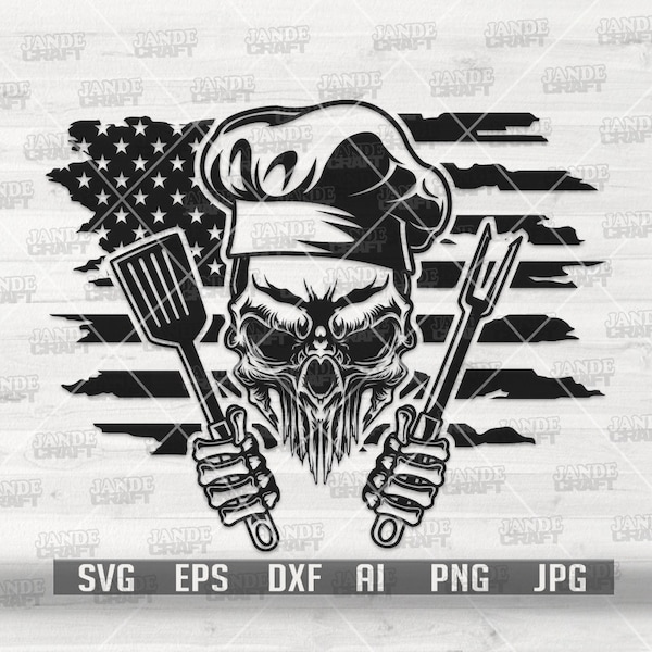 US Chef Skull svg | Cooking Dad Gift Idea | Head Cook Stencil | Grilling Tools Clipart | Master Grillers Shirt Cut File | Food Monogram dxf