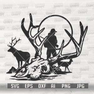 Hirsch-Jagd-Szene svg | Geweih Papa Clipart | Longhorn Hunter Cutdatei | Elch Reh Schablone | Zelten | Outdoor Camper Shirt png | Boho-Totenkopf