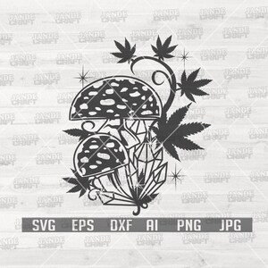 Peut inclure: Illustration en noir et blanc de deux champignons avec un cristal et des vignes feuillues. Les champignons ont des points blancs et sont entourés de feuilles.