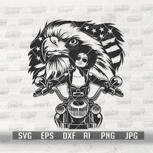 Us Eagle Afro Girl Biker svg | Bike Mom Shirt png | Motor Clipart | Lady Black Rider Cutfile | Grote BIke Rally dxf | Motorfiets Stencil