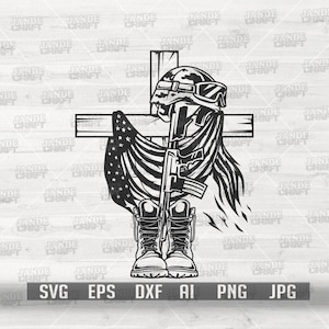 USA Veteran Memorial Cross svg / Military Combat Gear Clipart / US Soldier Cut File / Memorial Day T-shirt png / Stencil dell'esercito e della marina DXF