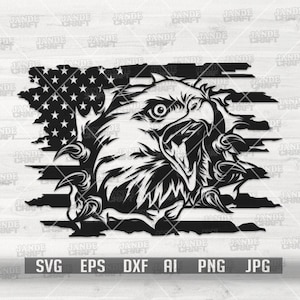 Patriotic Eagle Teas Off USA Flag svg | American Animal Clipart | Big Bird Cut File | Flying Wild Stencil | Flag with Hole & Eagle Head dxf