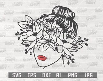 Floral Bun Hair Mom svg | Flower MomLife Clipart | Messy Hair Cut File | Mom Life Shirt png | Sexy Red Lips Stencil | Lady Hair Stylist dxf