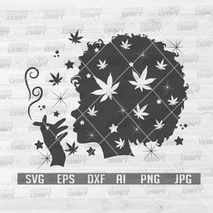 May include: A black and white silhouette of a woman with an afro hairstyle. The afro is filled with marijuana leaves and stars. The woman is holding a cigarette in her hand and there is smoke coming from it.