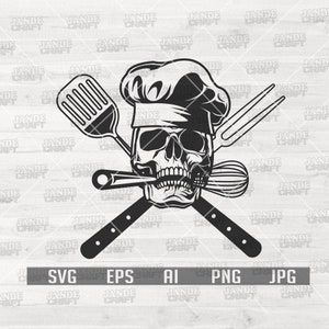 May include: Black and white illustration of a skull wearing a chef's hat and holding kitchen utensils, including a whisk, a spatula, and a fork. The skull is wearing a chef's hat and has a toothy grin.