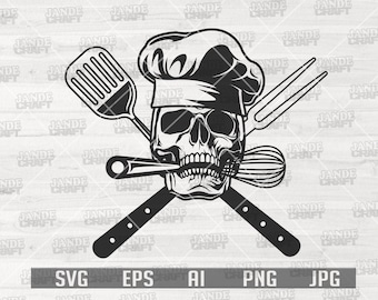 Chef Skull Svg | Chef Shirt | Chef Skull Shirt | Head Cook T-shirt Design Gift Idea png | Biting Whisk Clipart | Master Griller Dad Cut File