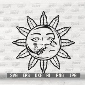 Könnte beinhalten: Schwarz-weiße Grafik eines Sonnen- und Mondgesichts mit einem Blattdesign um die Sonne. Der Mond raucht eine Zigarette. Das Bild enthält den Text "SVG EPS DXF AI PNG JPG".