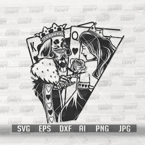 Koning en koningin liefhebbers kaart svg | Dek van kaarten clipart | Ace Cutfile | Joker-stencil | Casinodealer dxf | Schedelhart jpg| Paar overhemd png