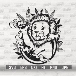 May include: Black and white illustration of a lion smoking a joint, surrounded by marijuana leaves and smoke. The lion is wearing a crown and has a relaxed expression.