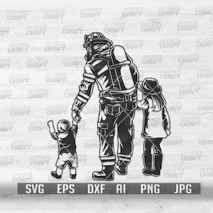 Feuerwehrmann Papa Sohn und Tochter svg | Feuerwehrmann mit Kinder Clipart | Feuerwehr Shirt png | Geschenkidee zum Vatertag | Ersthelfer Schnittdatei