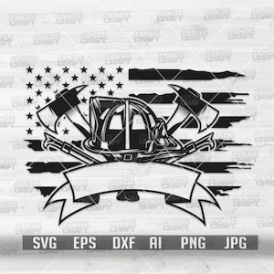 May include: Black and white digital design featuring a firefighter helmet, crossed axes, and a banner with a distressed American flag in the background.