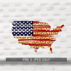 May include: A digital download of a graphic design featuring a distressed American flag in the shape of the United States. The flag is red, white, and blue with a leopard print pattern.